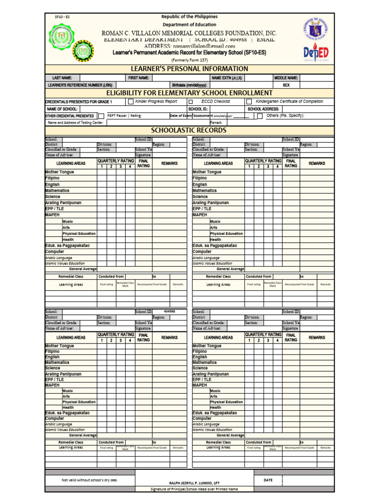 Sf10 form 137 rcvmcfi elem dept download free pdf schools