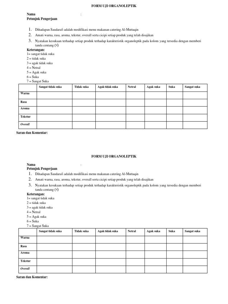 Form Uji Organoleptik Makanan Catering | PDF