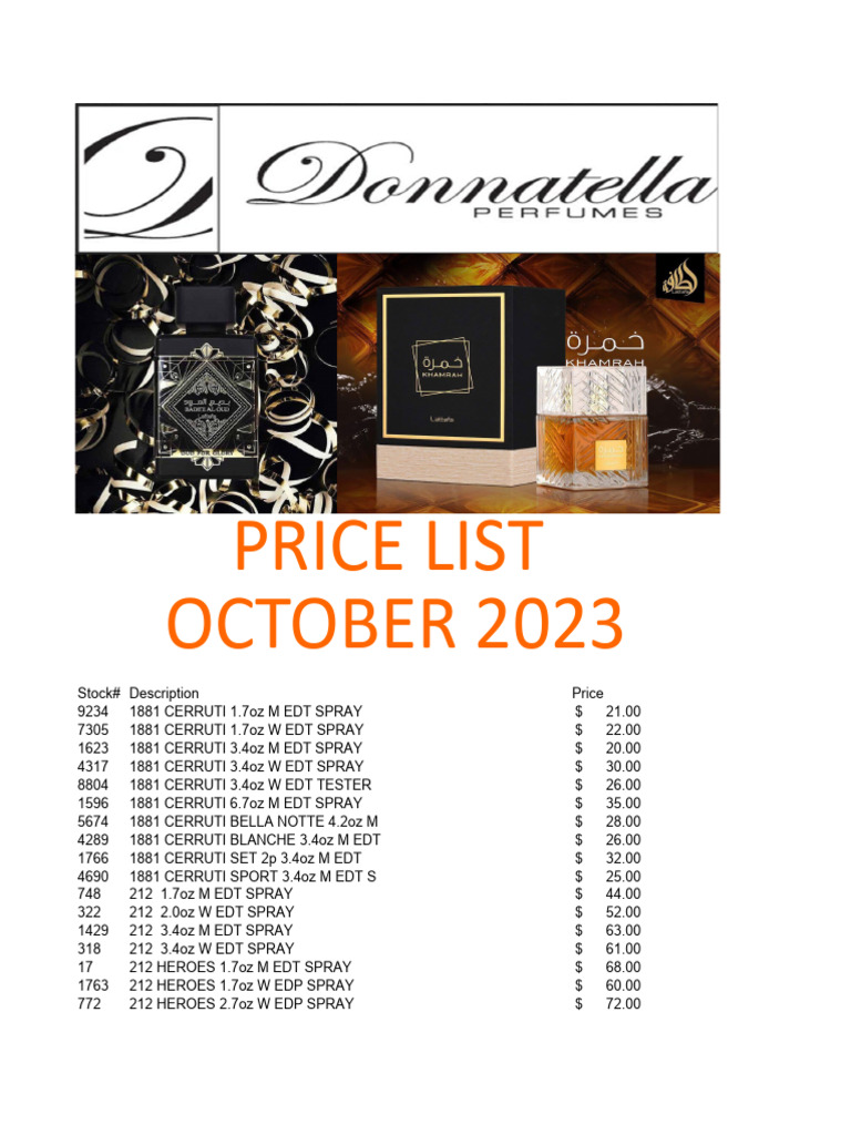 Donnatella Price List October 2023 | PDF | Perfume | Perfumery