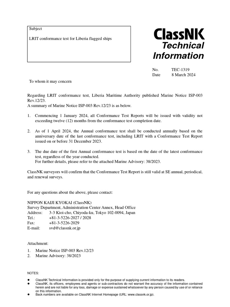 LRIT Conformance Test for Liberia Ships | PDF | Shipping | Water Transport