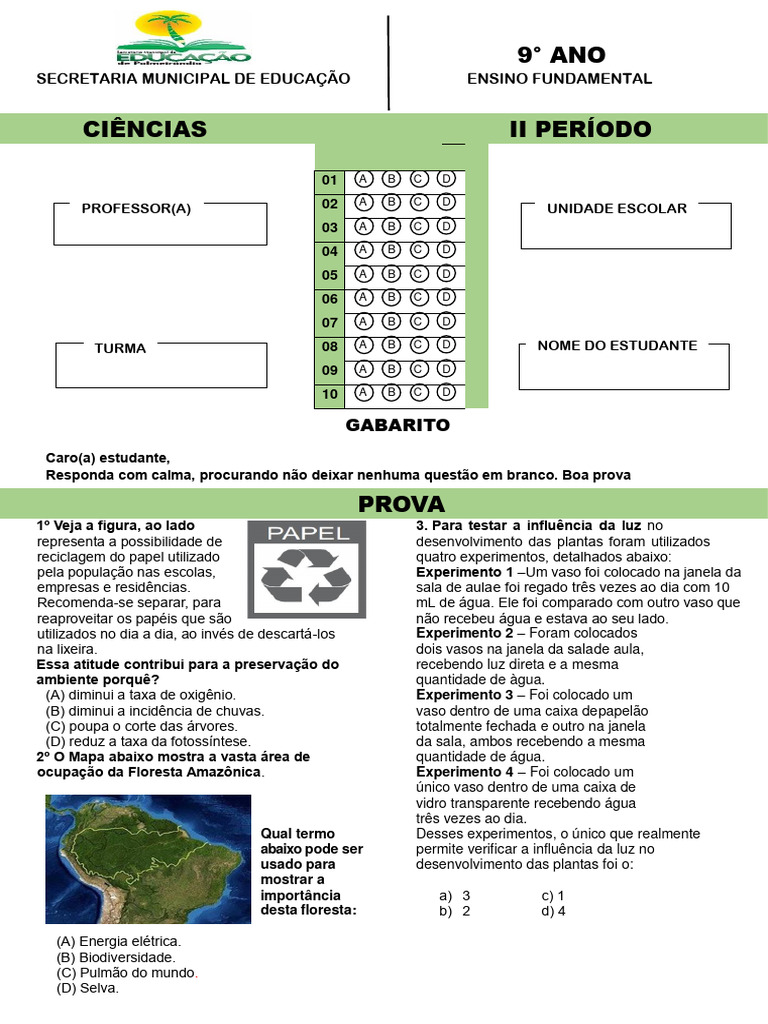 Prova Ciências 9 Ano II Periodo | PDF | Biodiversidade | Seleção natural