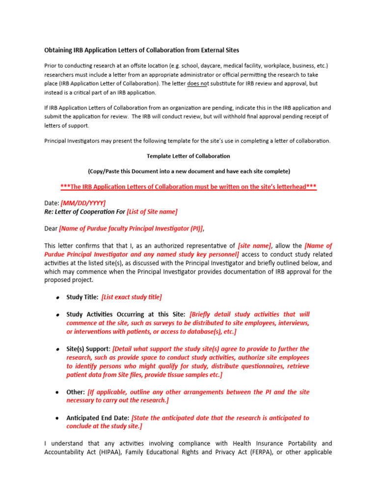 IRB Collaboration Letter Template | PDF | Institutional Review Board