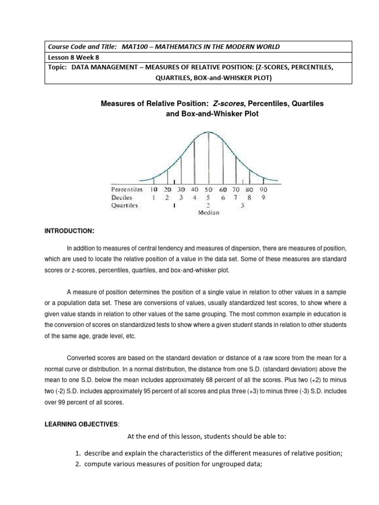 MMW Lesson 8 Week 8 Measures of Relative Position Z Score Percentiles ...