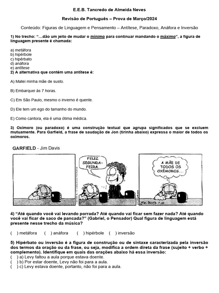 Atividade de Revisão - 8 Ano | PDF