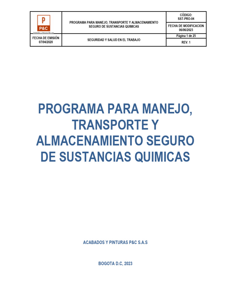 SST-PRM-04 Programa para Manejo, Transporte y Almacenamiento Seguro de ...