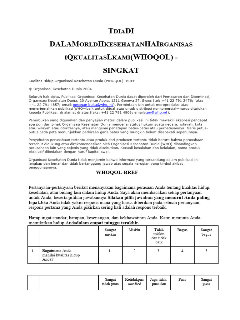 Salinan Terjemahan WHQOL-BREF Questionnaire | PDF