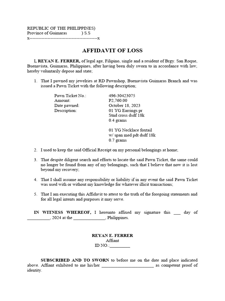 Affidavit of Loss - Pawn Ticket | PDF