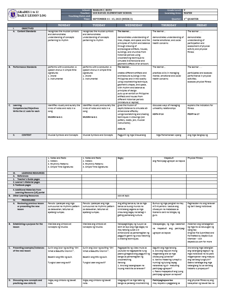 Dll mapeh 5 q1 w3 pdf learning behavior modification