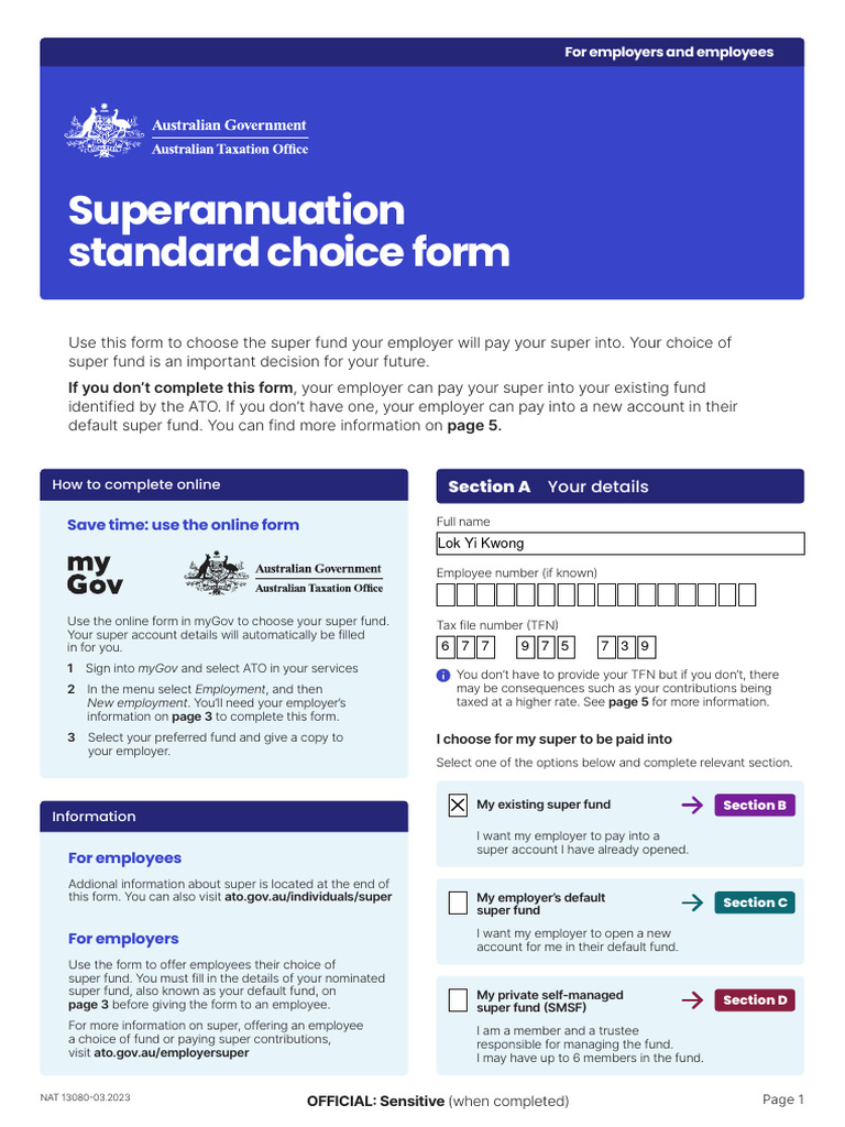 Superannuation Standard Choice Form New PDF Employment