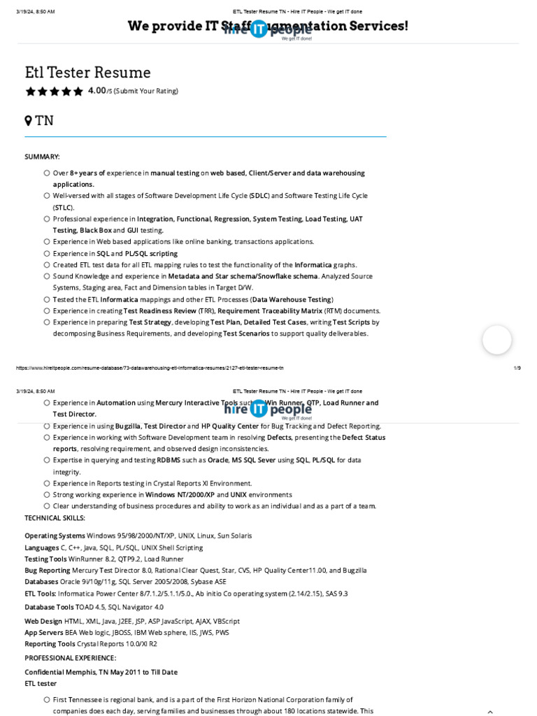 ETL Tester Resume Overview | PDF | Software Testing | Sql