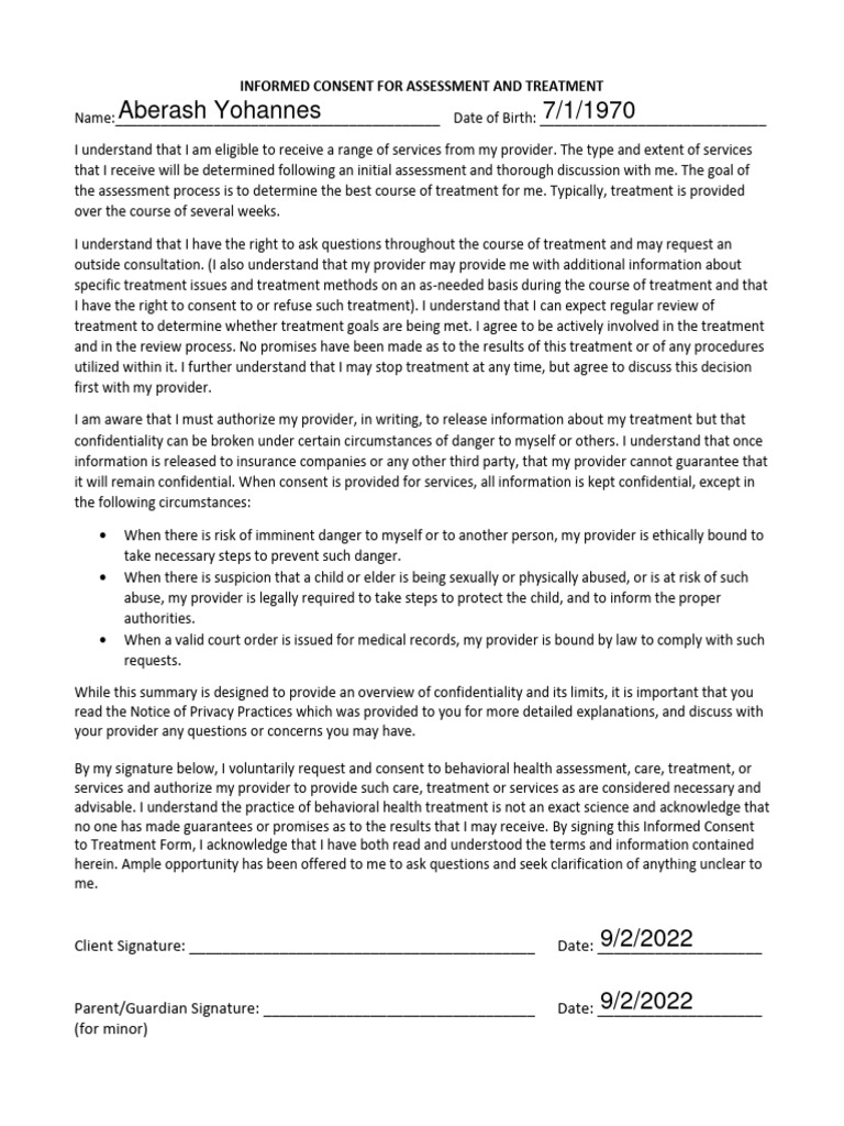 Informed Consent for Treatment Form | PDF | Informed Consent ...