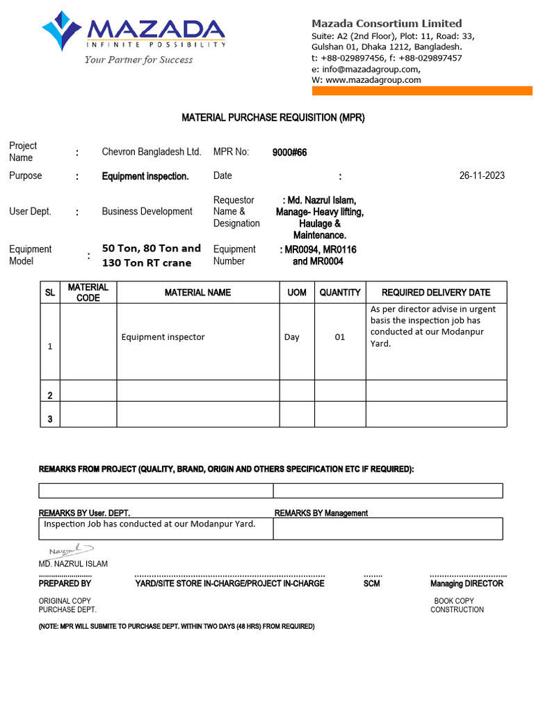 Equipment Inspection Request for Chevron | PDF