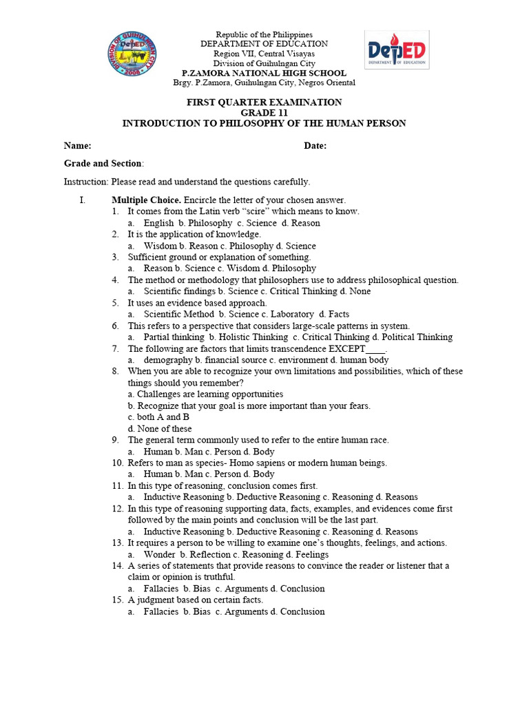 Grade 11 Philosophy Exam Guide | PDF | Reason | Fallacy