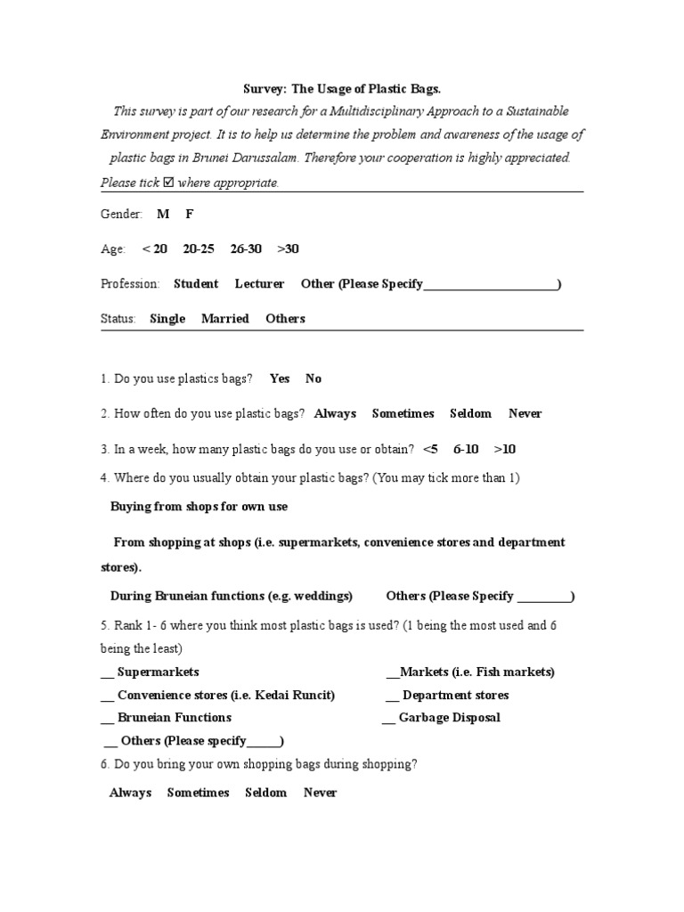 Questionnaire Plastic Bags Reuse Plastic