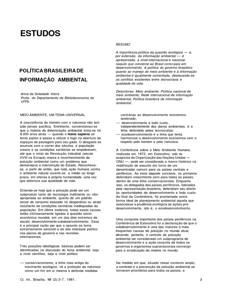 Política Brasileira de Informação Ambiental | PDF | Programa das Nações ...