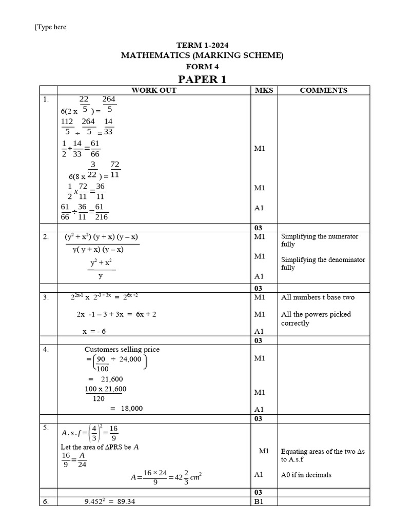 KCSE 2000 Math Paper 1 Marking Scheme | PDF