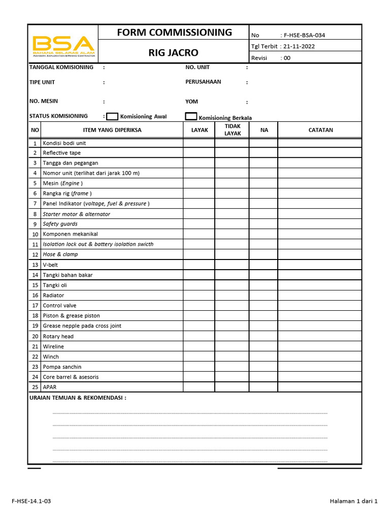 Formulir Komisioning Alat Berat | PDF