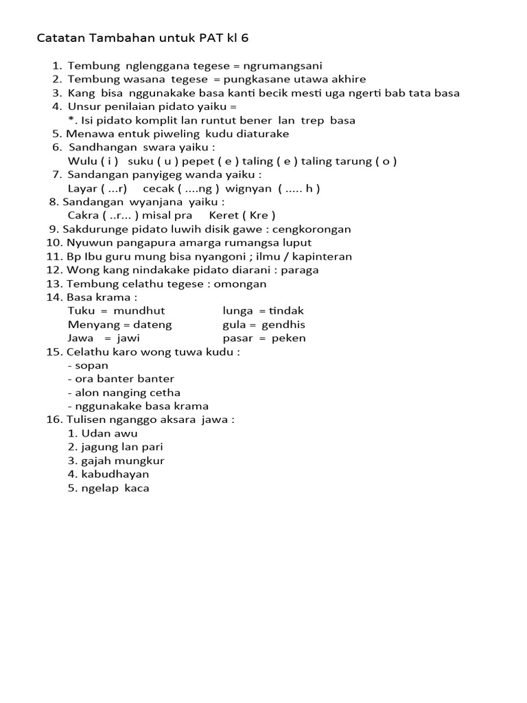 Catatan Tambahan Untuk PAT Kl 6 (1) | PDF