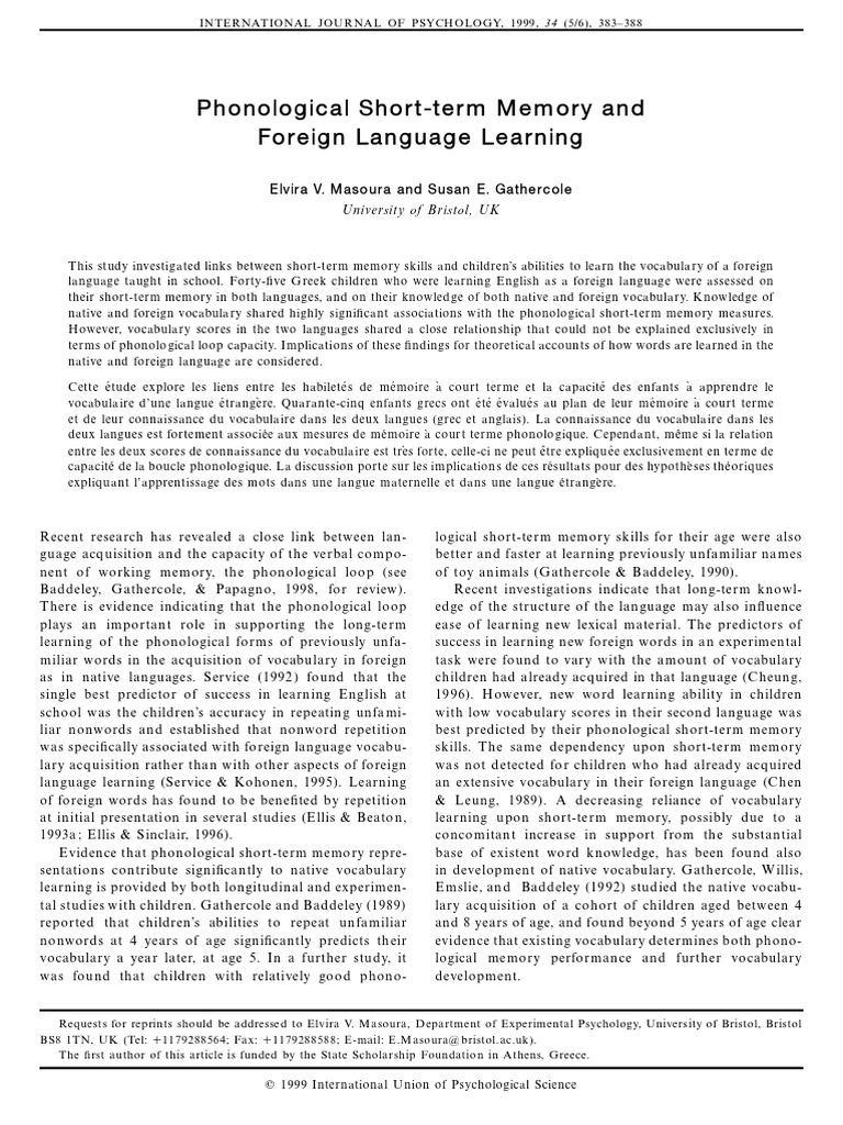 Phonological Short Term Memory Journal | PDF | Vocabulary | Wechsler ...