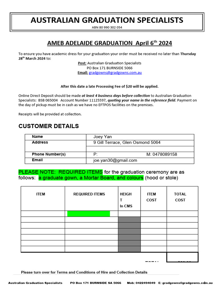 Graduation Gown Order Instructions | PDF