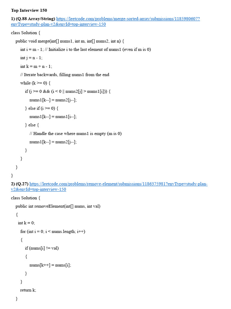 Leet Codes Top 150 Interview Solutions | Download Free PDF | String ...