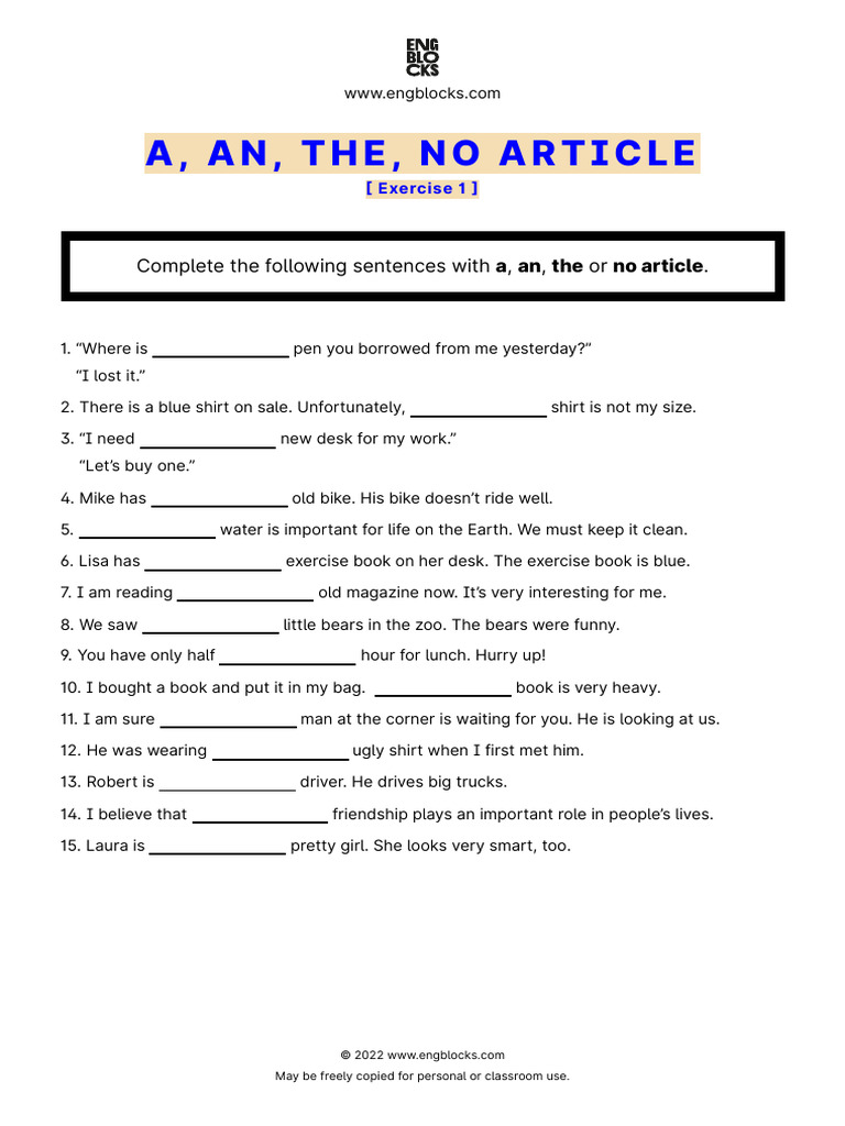 A An The No Article Exercise 1 Pdf