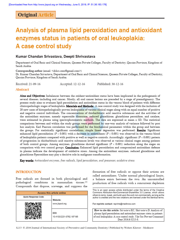 2016analysis of Plasma Lipid Peroxidation and Antioxidant Enzymes ...