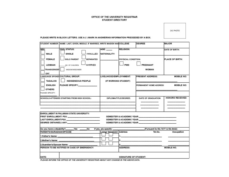 Student Directory Registration Form | PDF | Equality Rights | Gender ...