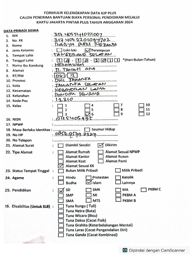 Form Kelengkapan Data KJP Raisya 6E | PDF