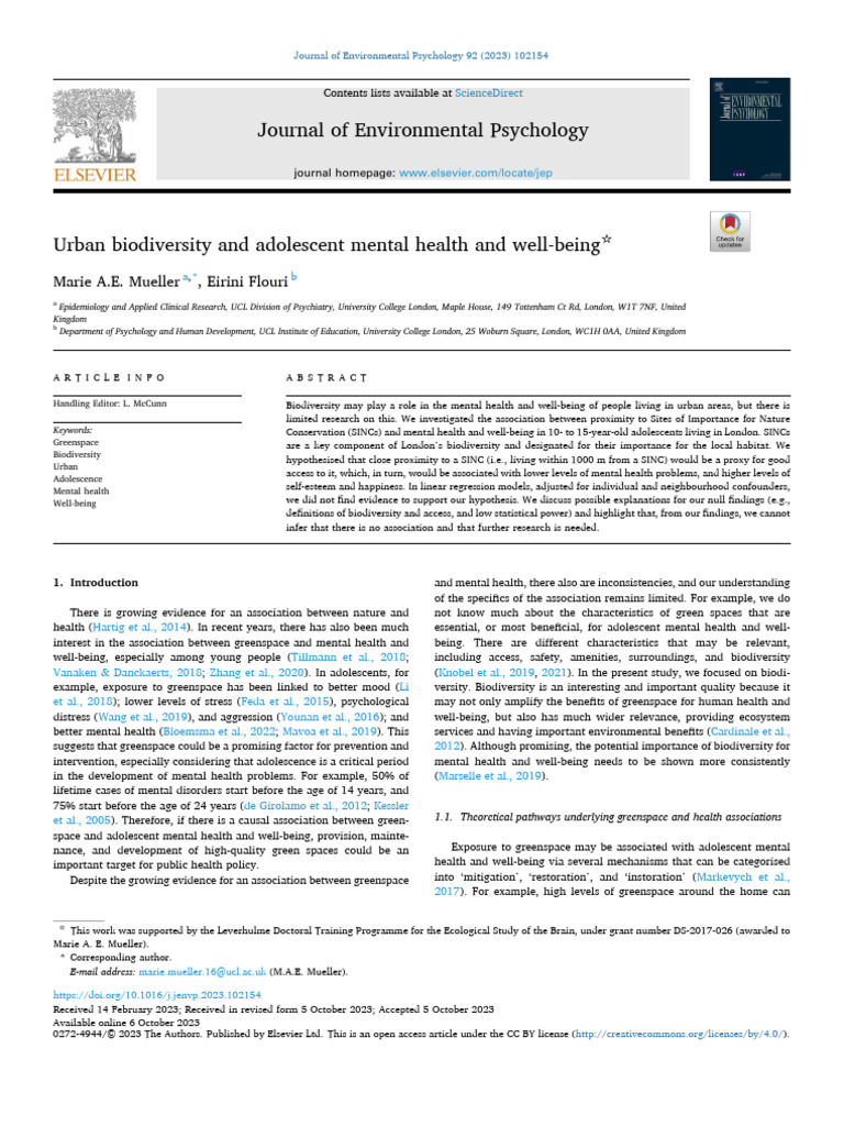 Urban Biodiversity's Impact on Youth Mental Health | PDF | Self Esteem ...