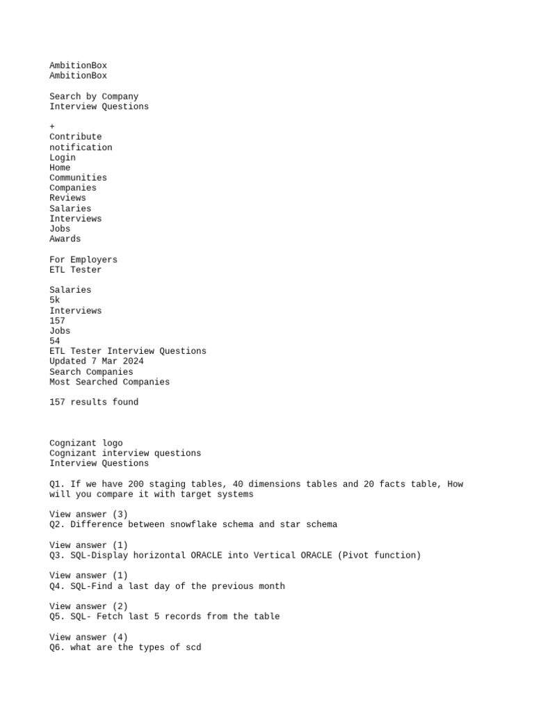 Etl Testing 100 Questions Pdf Sql Table Database