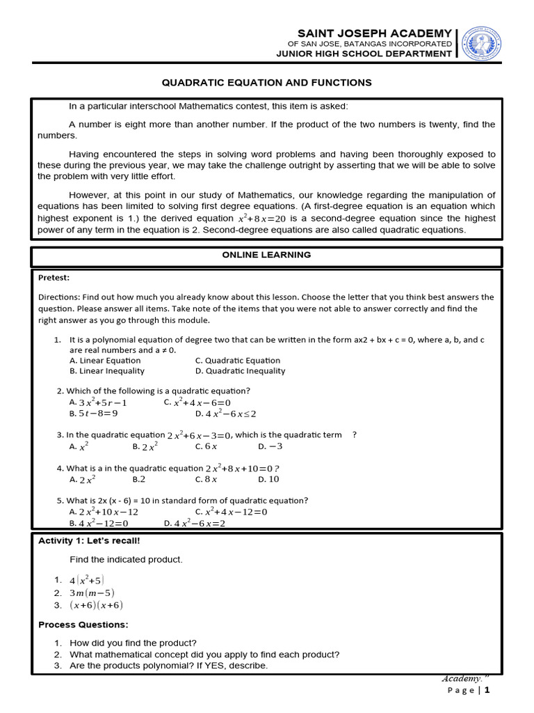 MODULE 12 MATH9 Q1 Gold Iron Mam Uri | PDF | Quadratic Equation | Equations