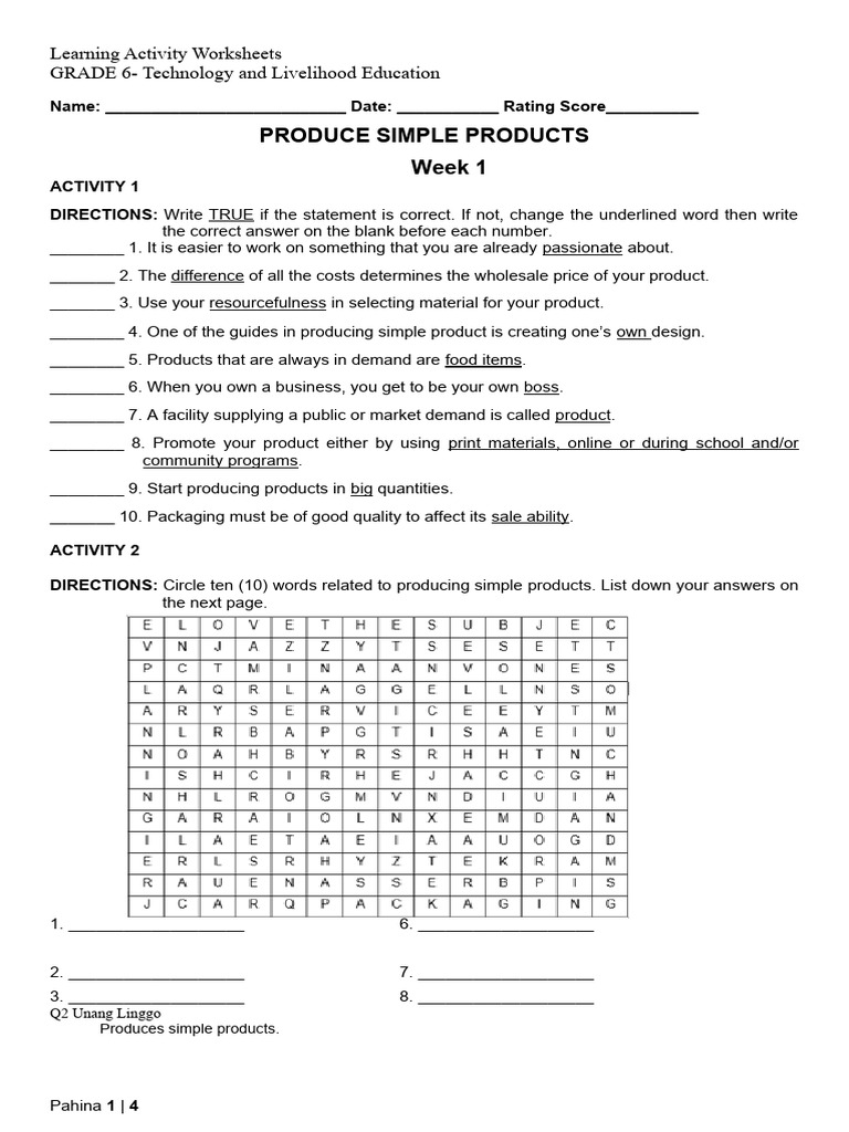 Produce Simple Products Week 1 Learning Activity Worksheets GRADE 6