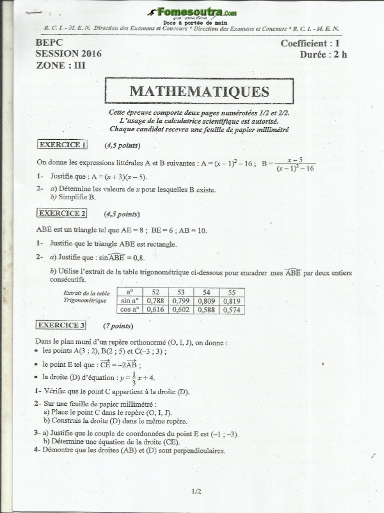 612b5b2378269sujet Corrige Et Bareme de Mathematique Bepc 2016 | PDF
