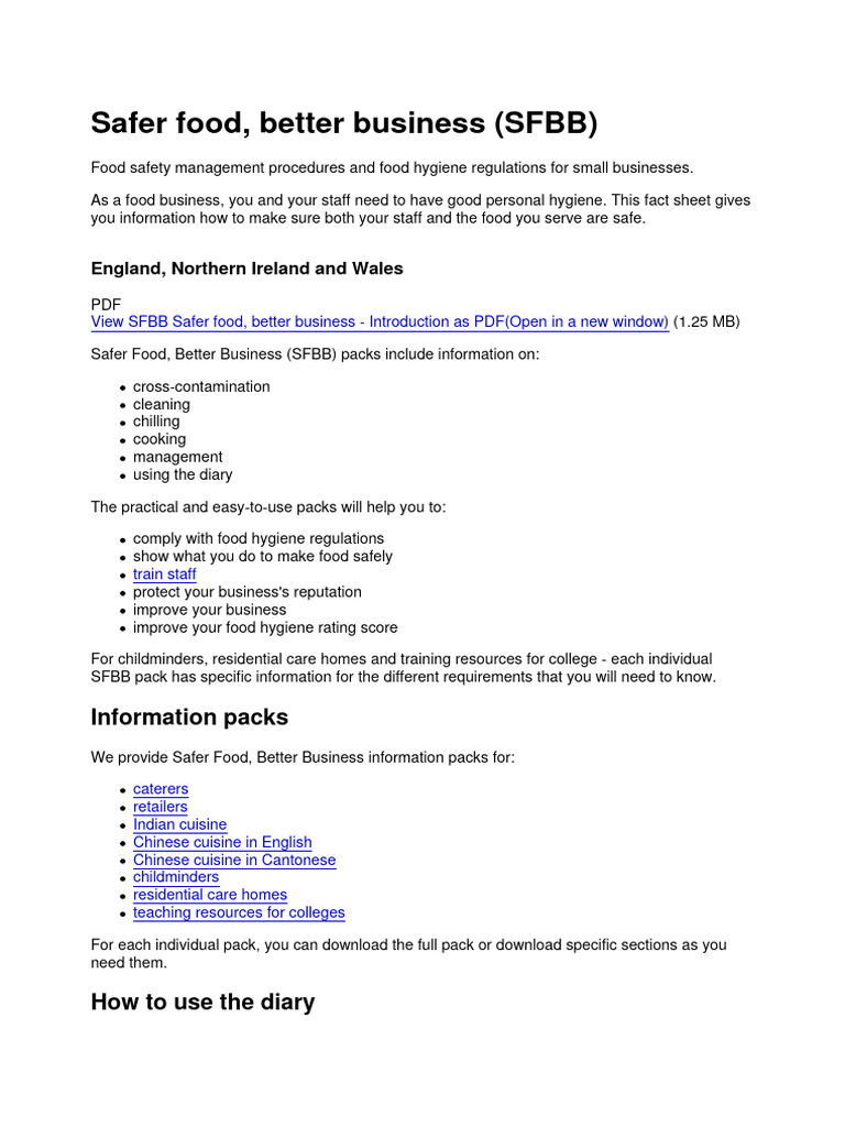 Safer Food Better Business Sfbb Pdf