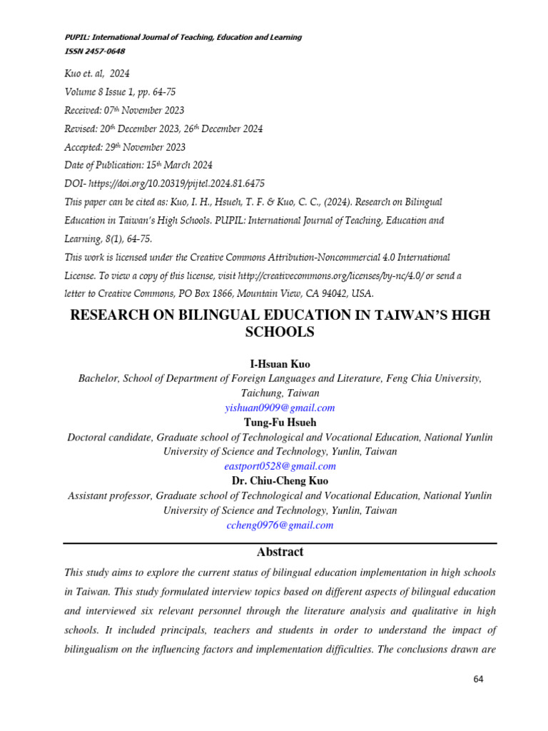 Research On Bilingual Education in Taiwan's High Schools | PDF ...