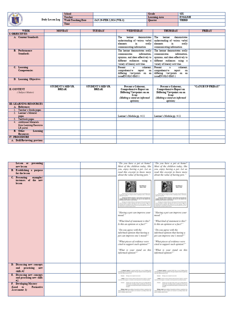 Weekly English Lesson Plan for Grade 6 | PDF | Learning | Evidence