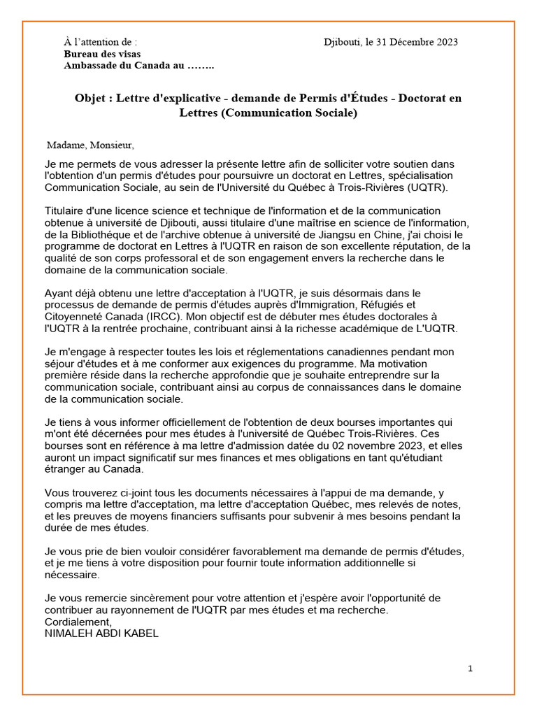 Lettre explicative pour permis d'études | PDF | Doctorat | Canada