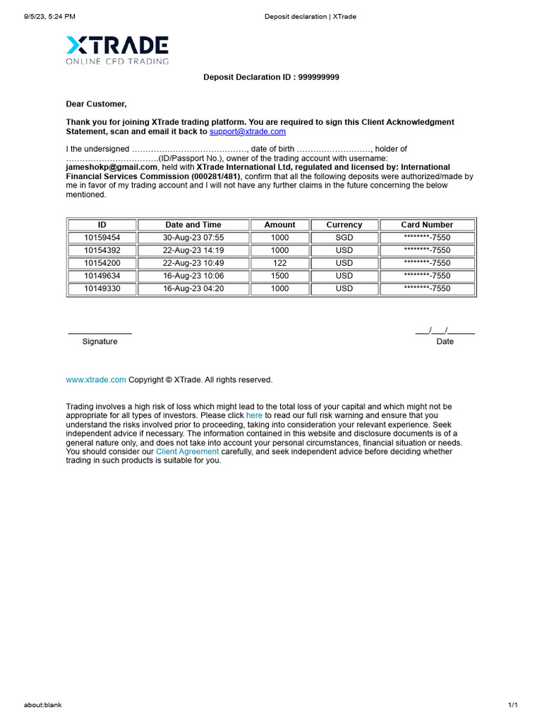 Deposit Declaration _ XTrade | PDF | United States Dollar