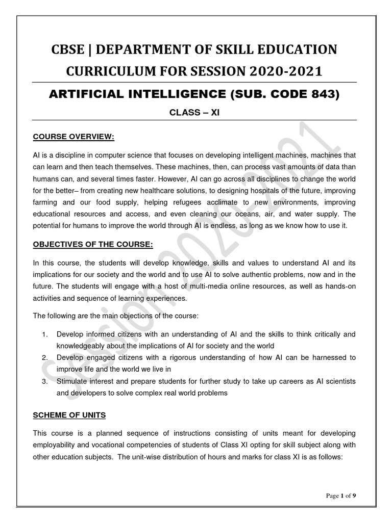 Class XI Artificial Intelligence Curriculum | PDF | Artificial ...
