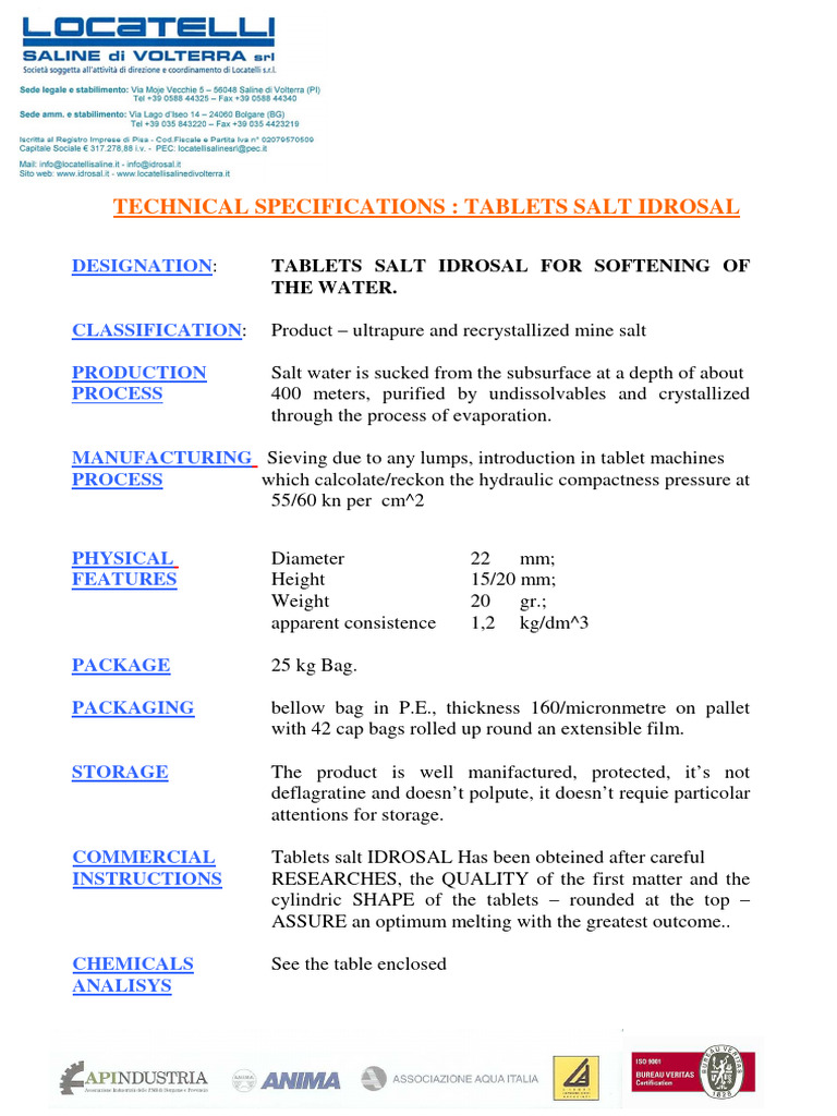 Technical Specs for IDROSAL Salt Tablets | PDF | Salt | Sodium Chloride