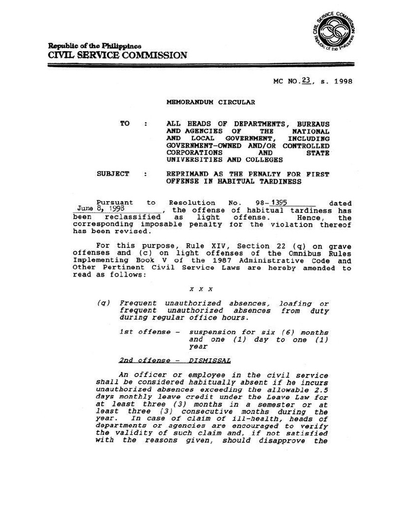 MC No. 23 S. 1998 - Reprimand As The Penalty For First Offense in ...