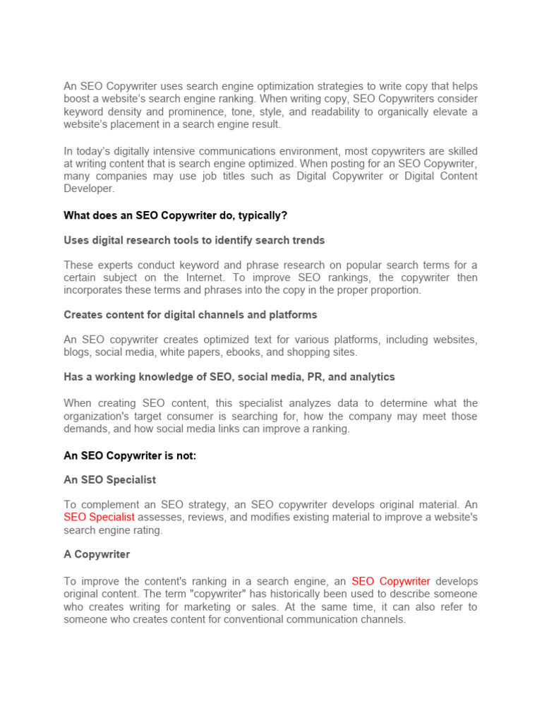 SEO Copywriter Job Description | PDF | Search Engine Optimization ...