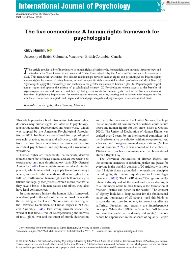 Int J Psychol - 2023 - Huminuik - The Five Connections A Human Rights ...