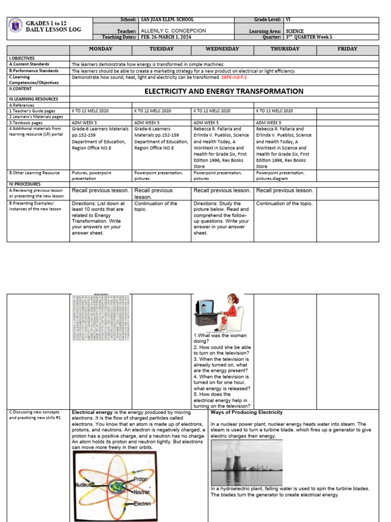 Grade 6 Science Lesson on Energy | PDF | Home Appliance | Electricity