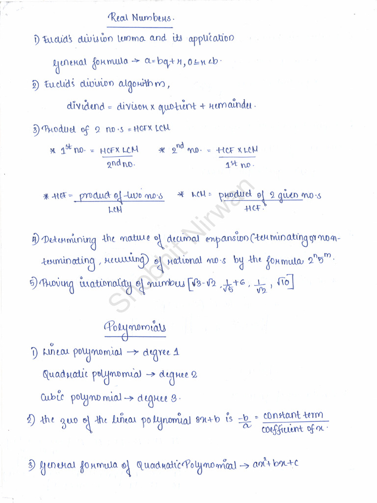 Shobhit Nirwan Class 10 Maths Formula Sheet