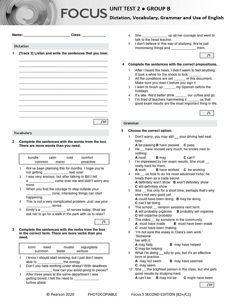 Focus 5 Unit 2 Test Group B | PDF