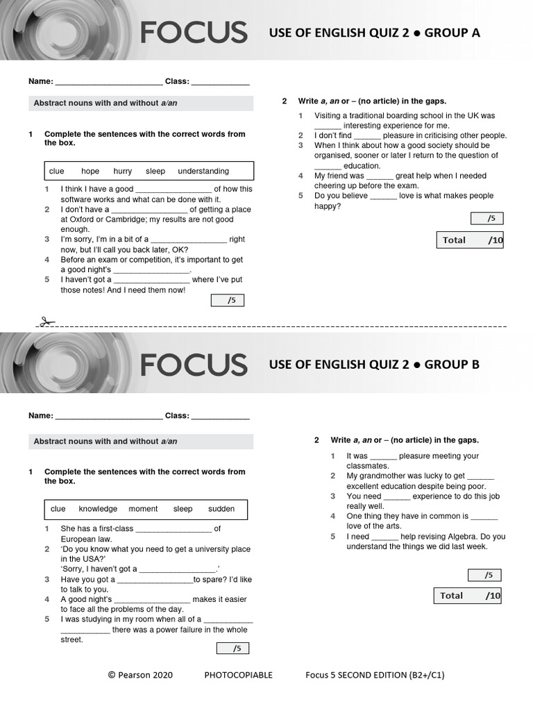 Focus5 2E UoE Quiz Unit2 GroupA B | PDF | Cognitive Science