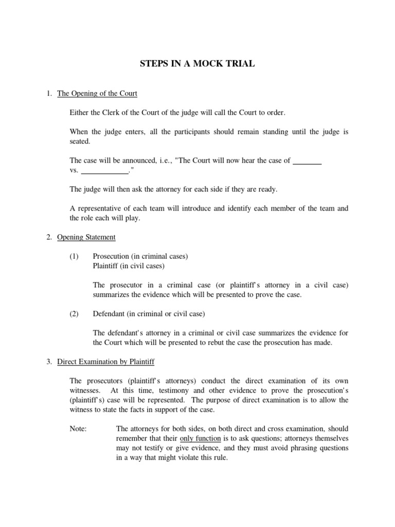 Mock Trial Procedure Guide | PDF | Witness | Prosecutor