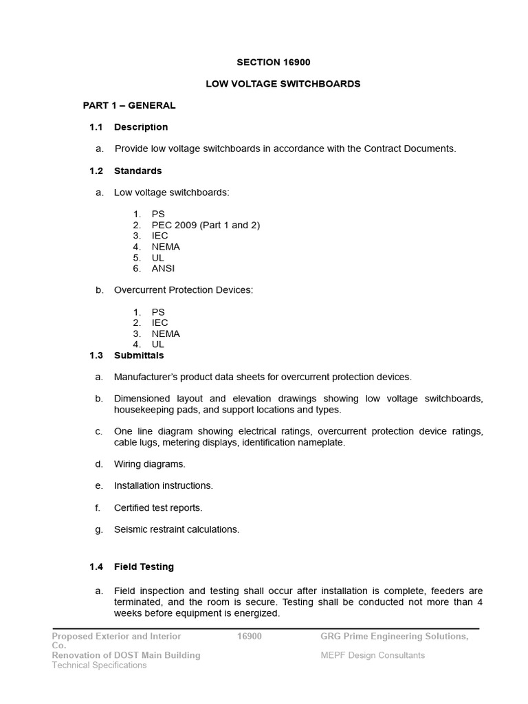 Section 16900 - Electrical Work (Low Voltage Switchboards) | PDF ...
